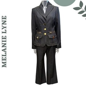Melanie Lyne Dark Denim Blazer Pants Suit Set Womens Size 2 Gold Button Detail